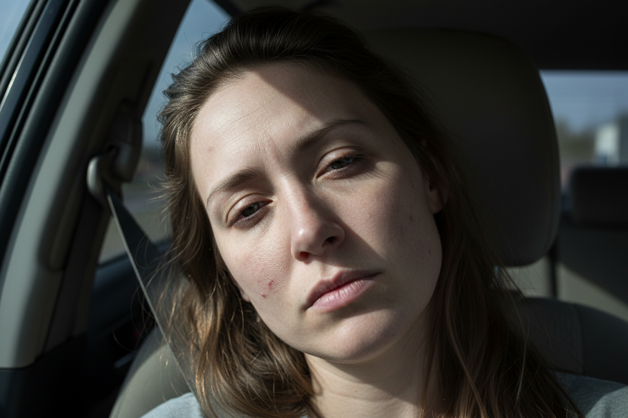 mujer en su coche con rostro fatigado, sin brillo, con paño y y ojeras