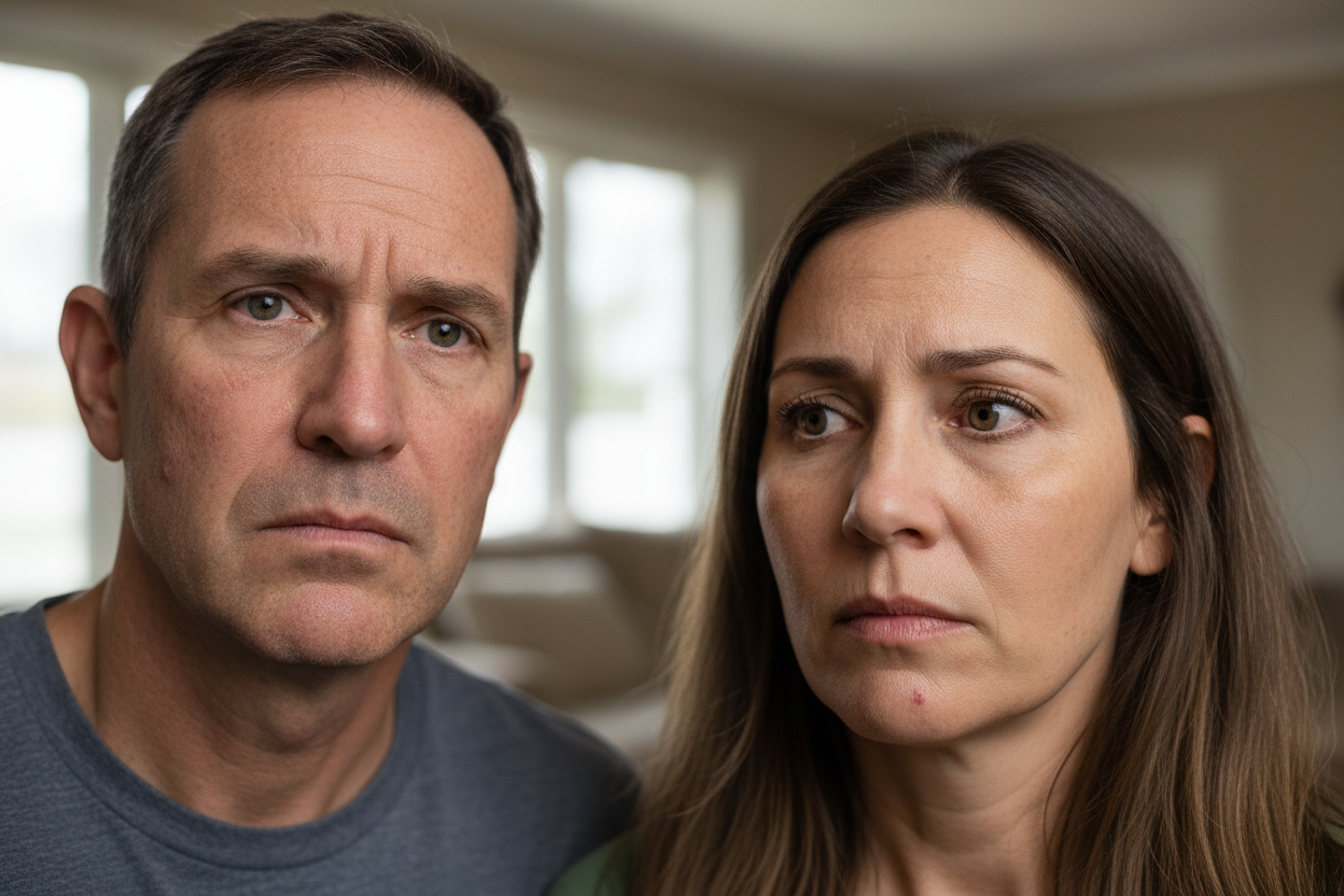 Una pareja de hombre y mujer en los cuarenta con rostros preocupados por las marcadas lineas de expresion, acne y manchas, tono de piel nada uniforme y opaco, con cierta flacidez